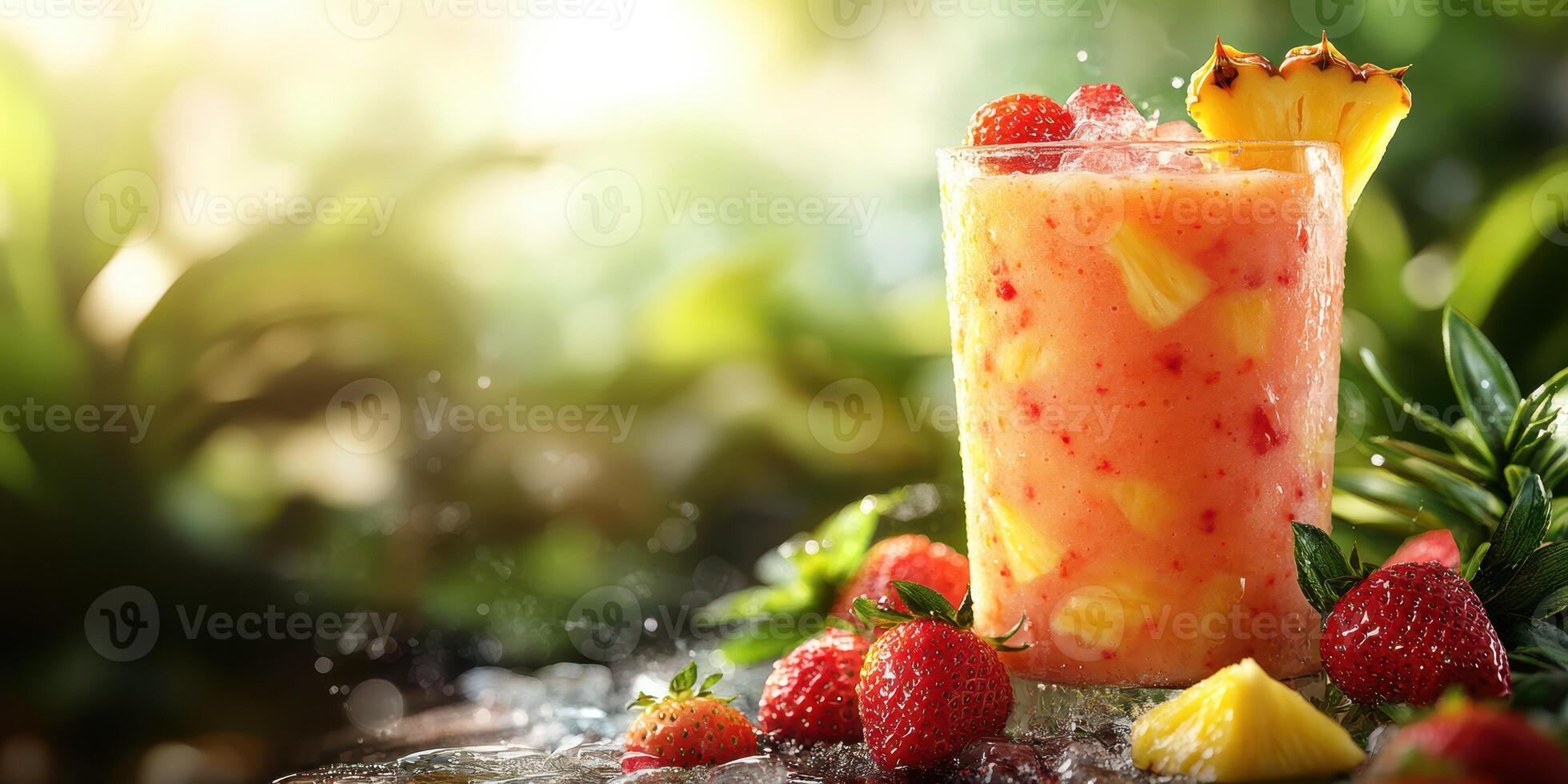 Refreshing tropical smoothie with strawberries and pineapple in a vibrant garden setting photo
