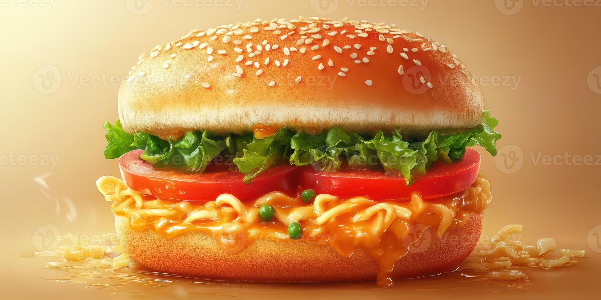 Flavorful sesame bun with fresh vegetables and creamy sauce served in a warm ambiance photo