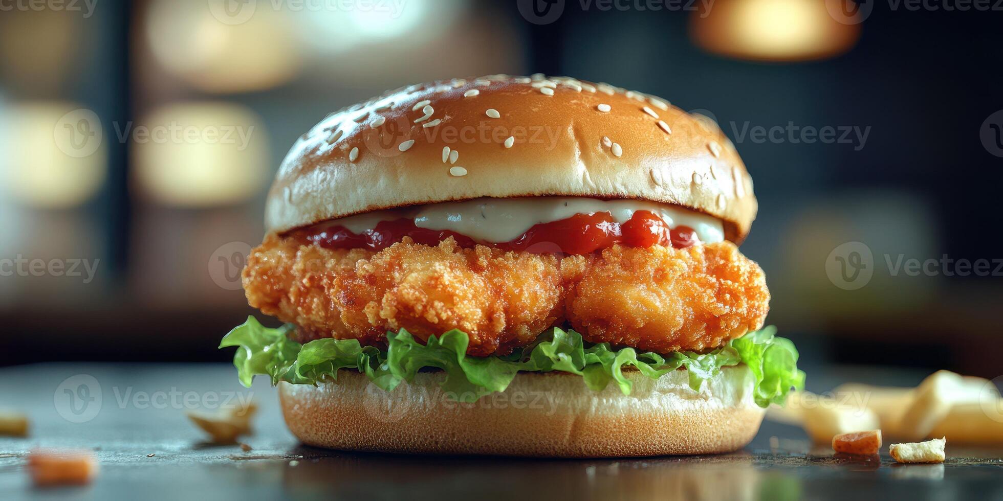 Crispy chicken sandwich with sesame bun served with fresh lettuce and sauces in a casual dining setting photo