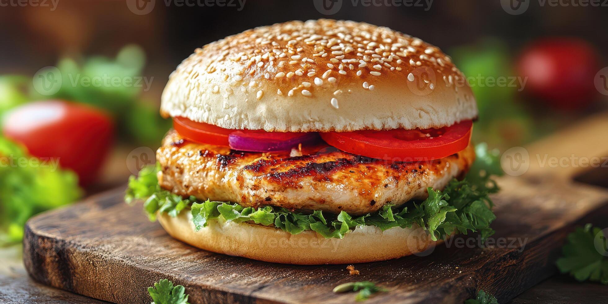 Delicious grilled chicken burger with fresh toppings served on a wooden board photo