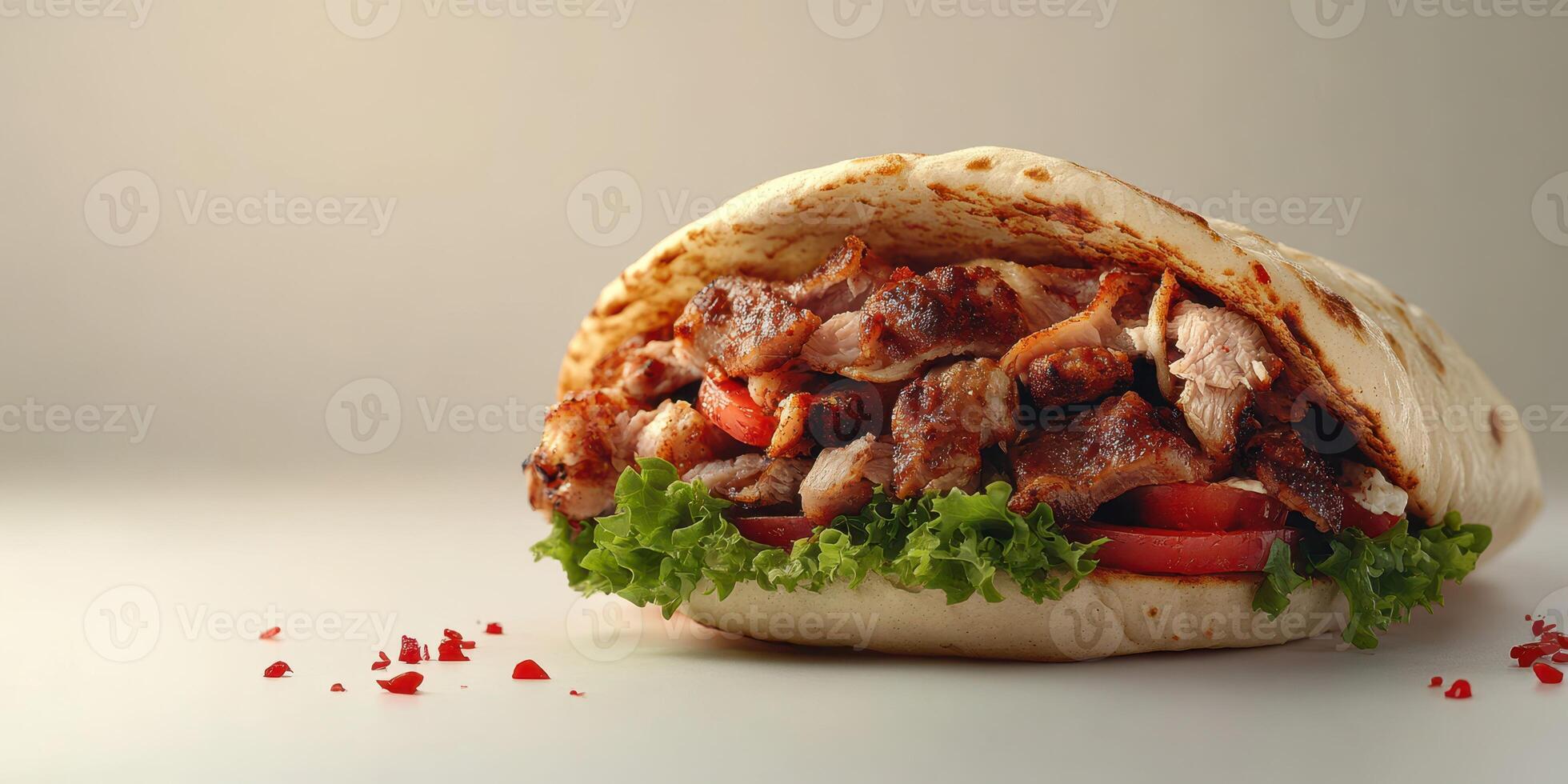 Deliciously prepared wrap filled with grilled meat, fresh vegetables, and flavorful sauce in a cozy setting photo