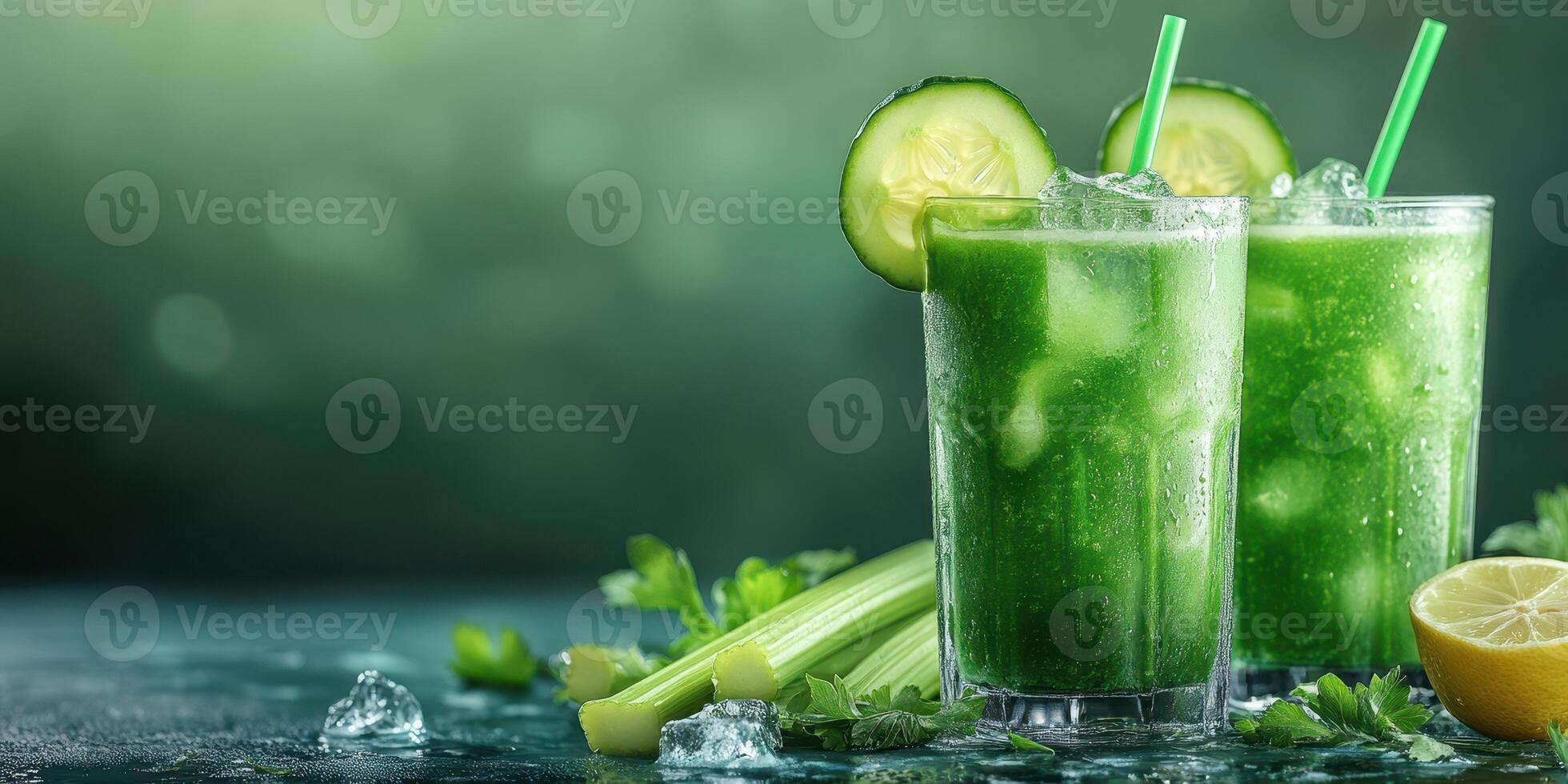 Refreshing green drinks with cucumber and celery on a dark background during a summer afternoon gathering photo