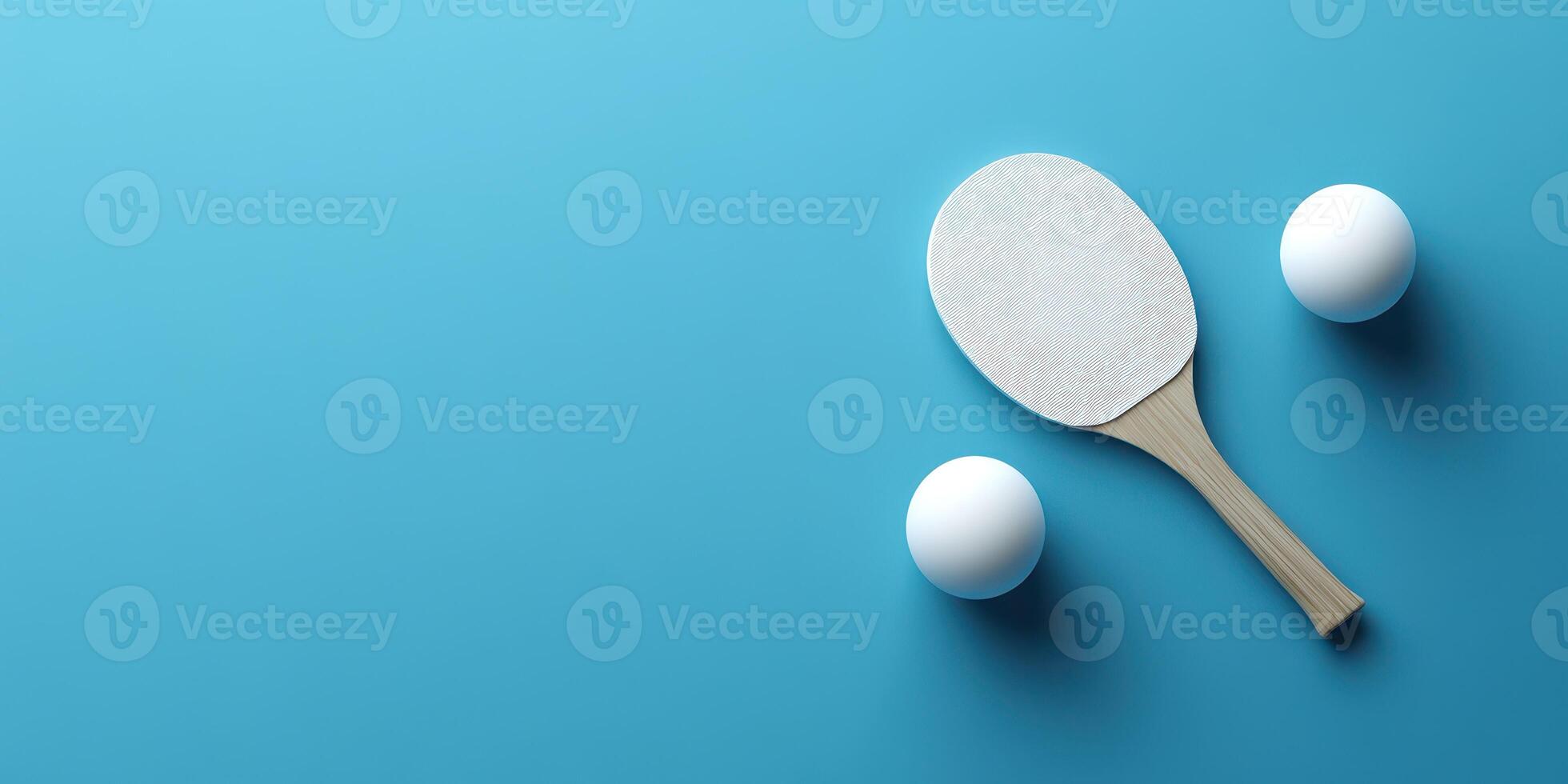 Table tennis paddle and two balls on a vibrant blue background ready for a game photo