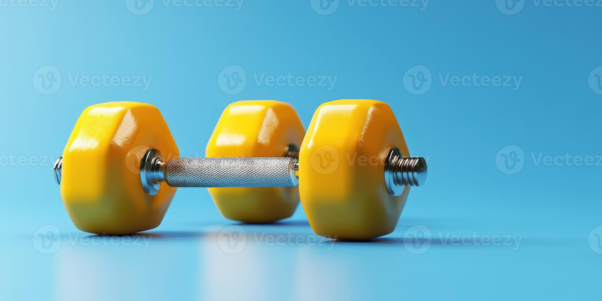 Bright yellow dumbbell resting on a blue background, ideal for fitness and workout routines photo