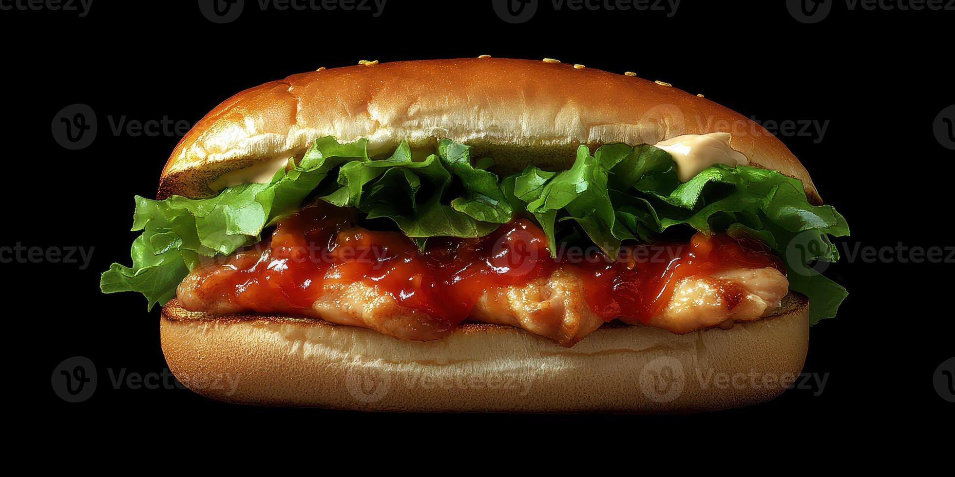 Tasty sandwich with grilled chicken, fresh lettuce, and savory sauce on a sesame seed bun in a minimalist setting photo