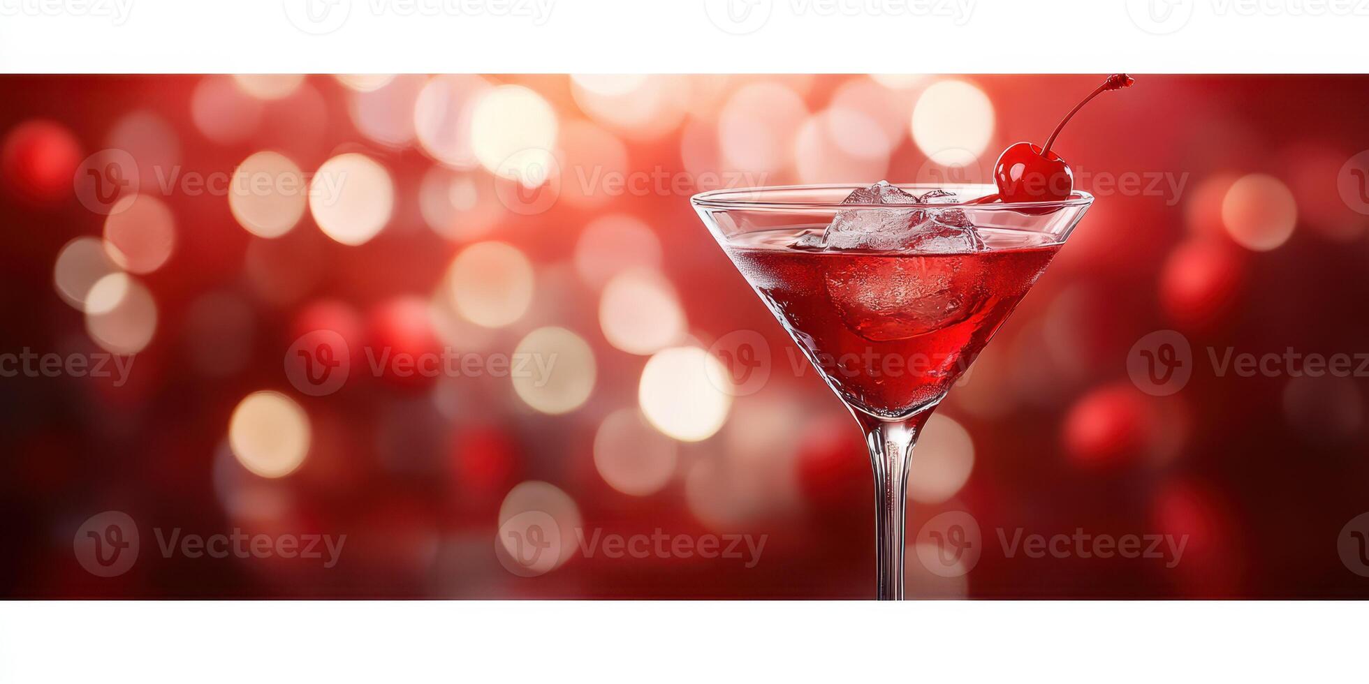 Red cocktail in a glass garnished with a cherry, surrounded by a soft bokeh background photo