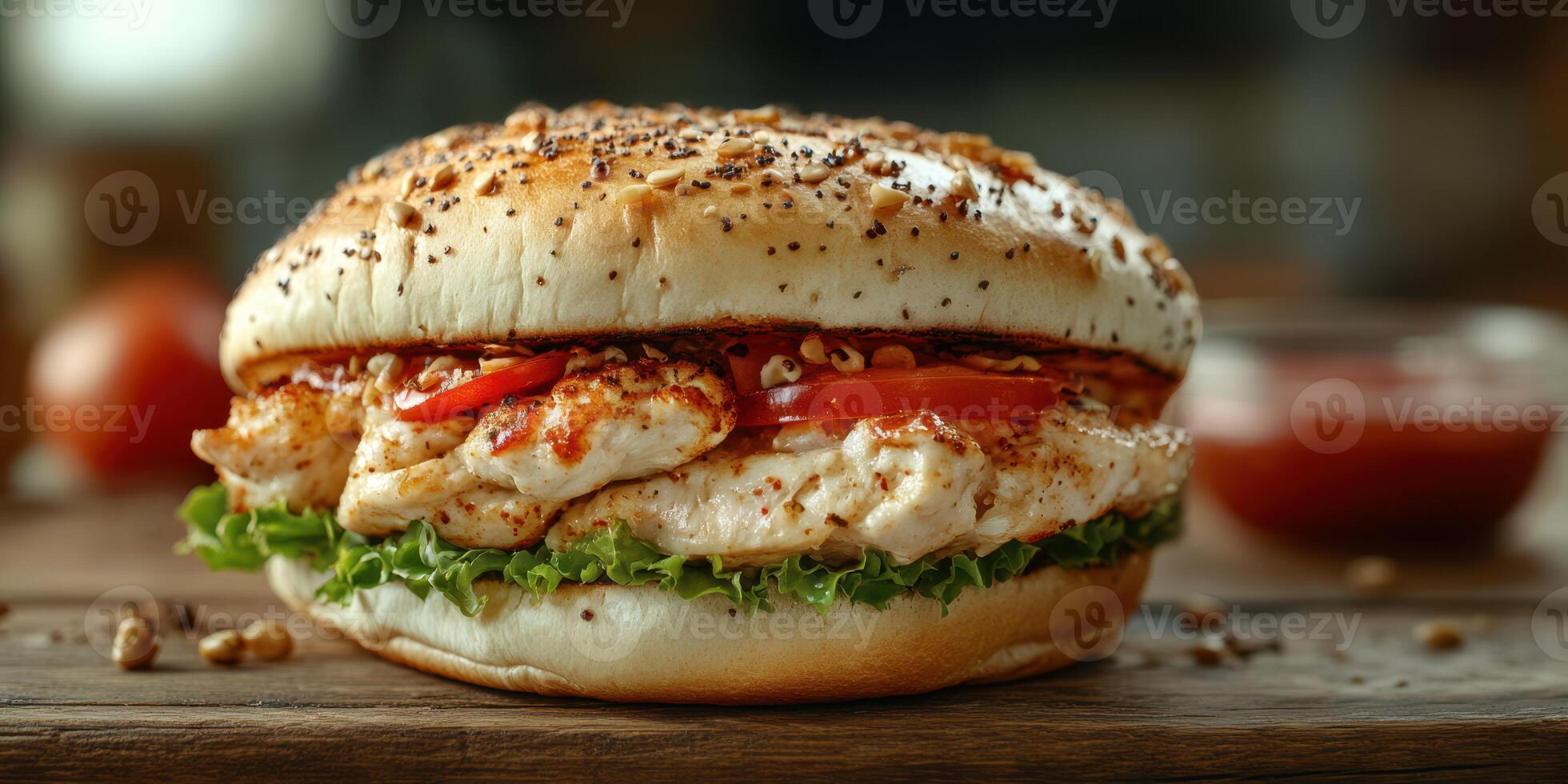 Delicious grilled chicken sandwich with fresh vegetables and spices served on a wooden table photo