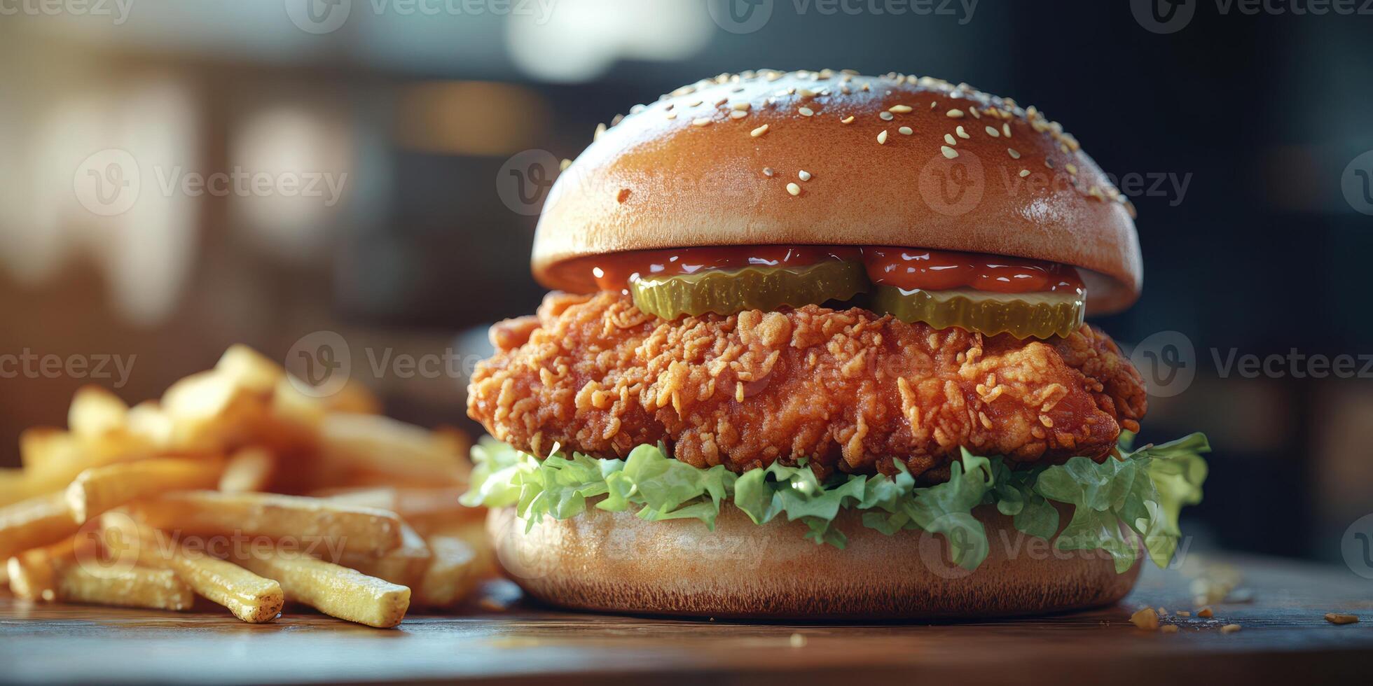 Delicious crispy chicken sandwich with pickles and fries served in a modern restaurant setting photo