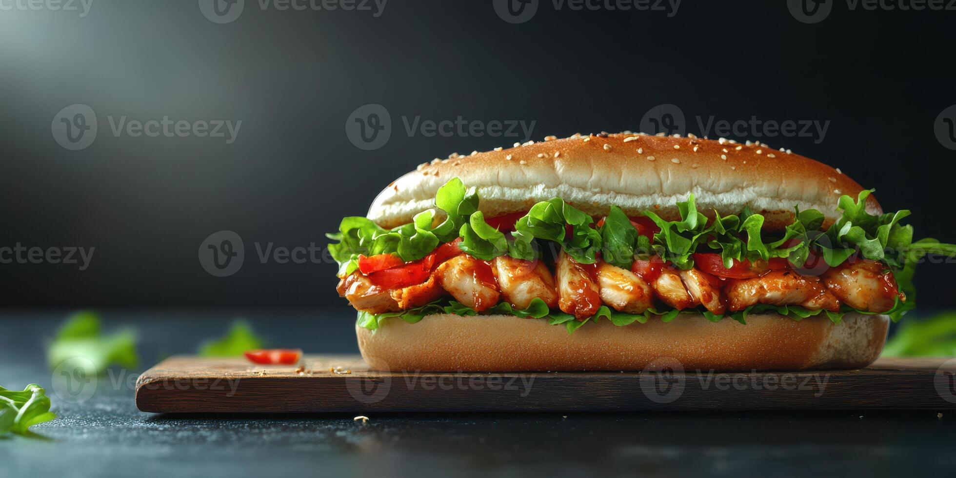 Delicious grilled chicken sandwich topped with fresh lettuce and tomatoes served on a wooden board photo
