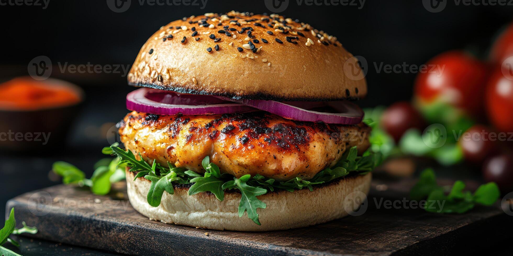 Grilled chicken burger served on a wooden board with fresh vegetables in a cozy setting photo