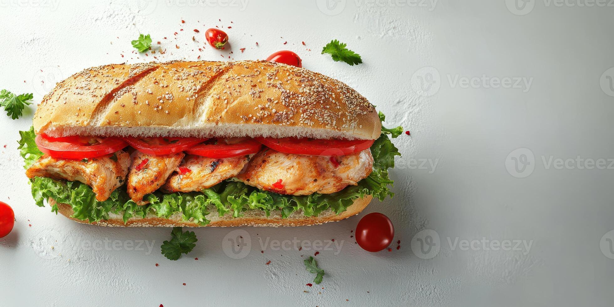 Delicious chicken sandwich with fresh vegetables in a soft roll served on a clean white background ready for enjoyment photo