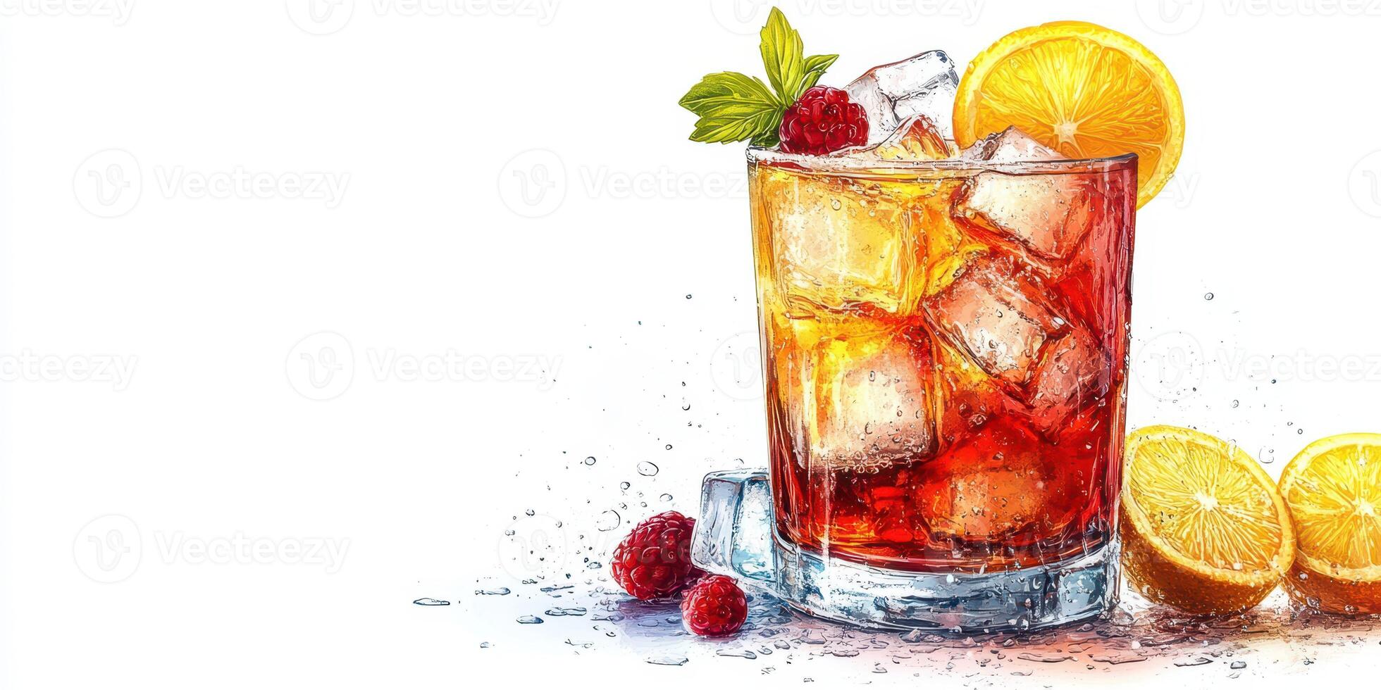 Refreshing summer drink with ice, citrus, and raspberries in a clear glass on a white background photo