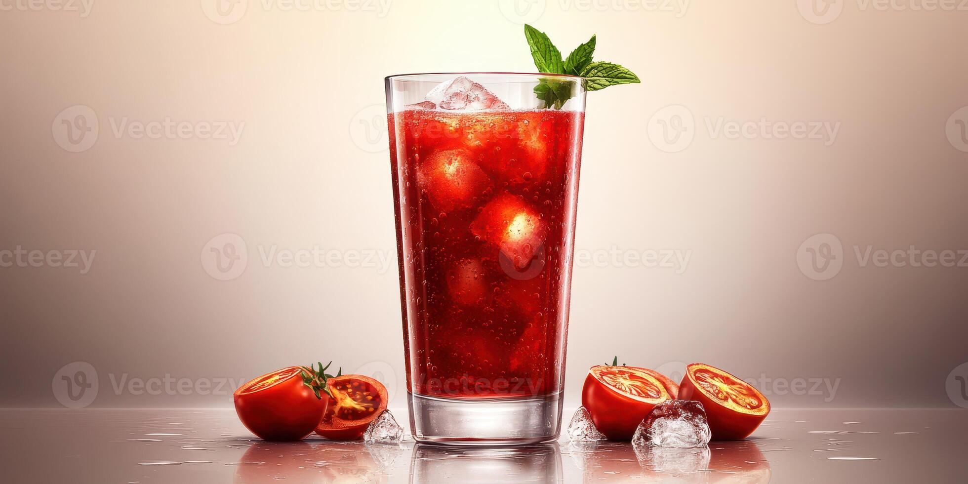Refreshing beverage with ice and mint featuring sliced tomatoes on a counter in a well-lit setting photo