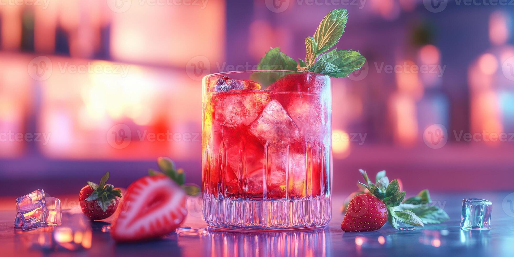 Refreshing cocktail with strawberries and mint served in a stylish bar setting at night photo