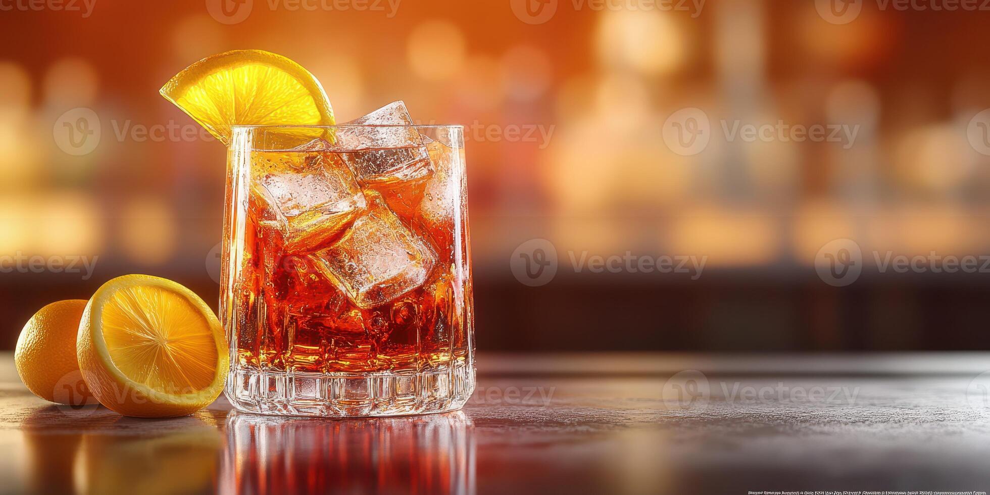 Refreshing cocktail with ice and citrus displayed at a bar during evening hours photo