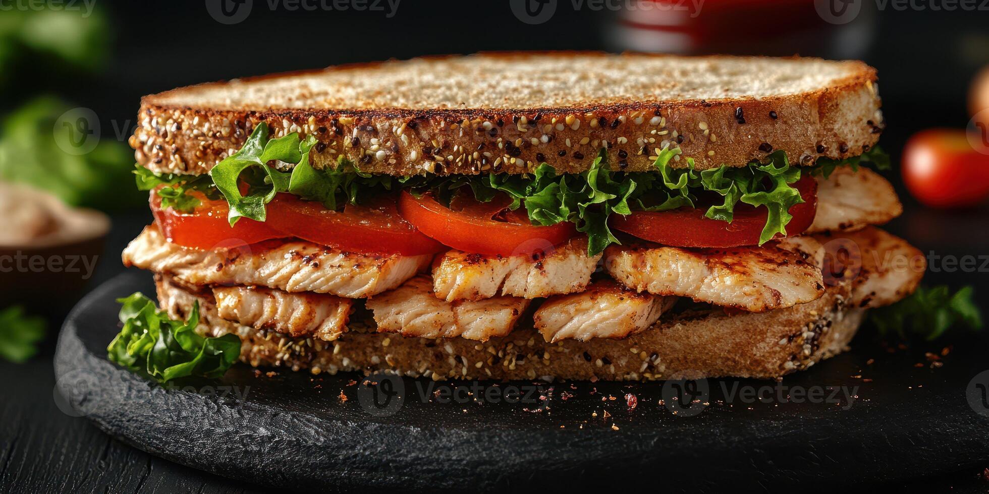 Delicious grilled chicken sandwich with fresh vegetables on whole grain bread served on a dark backdrop photo