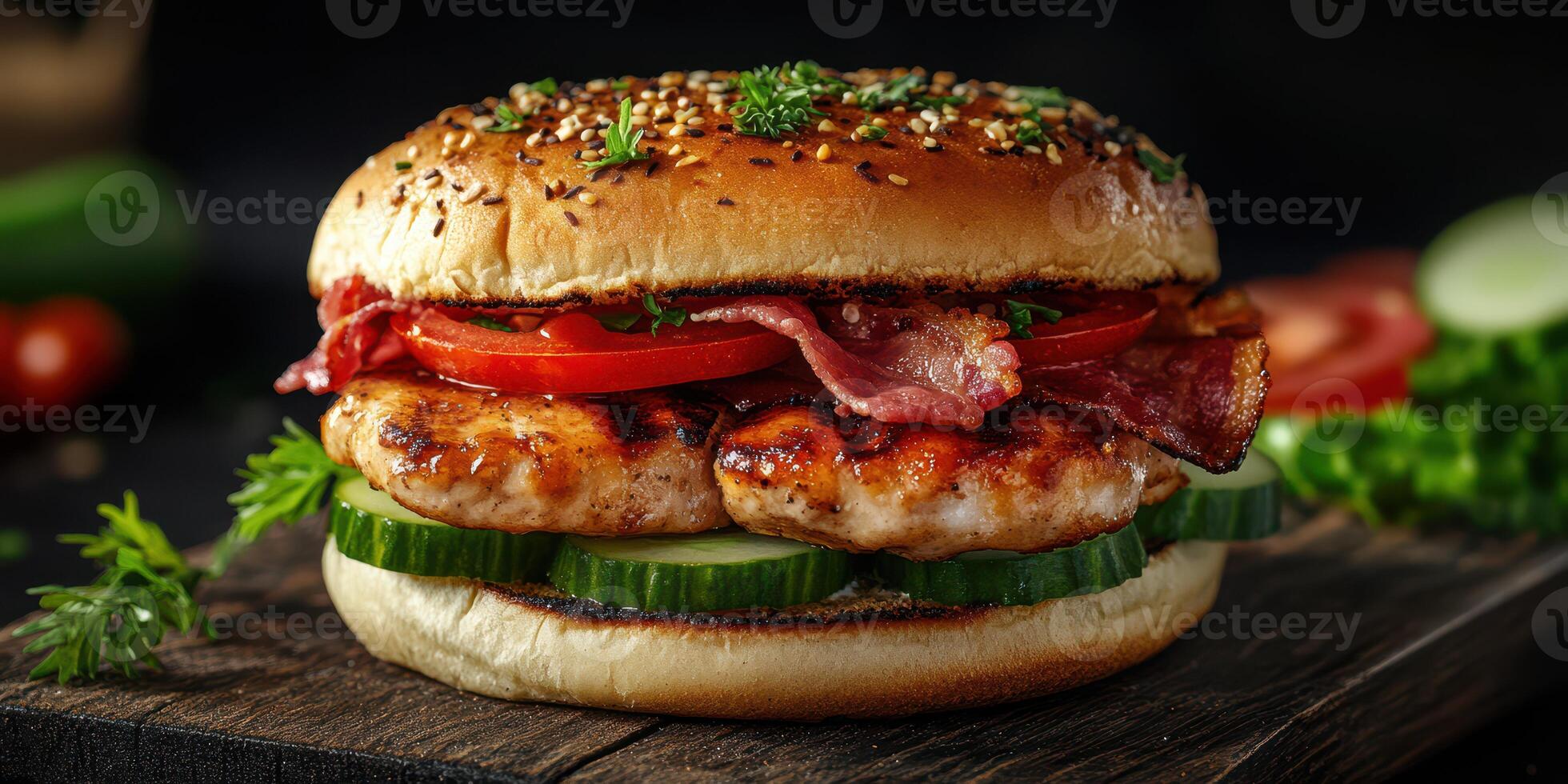 Juicy grilled chicken and bacon burger with fresh vegetables on a rustic wooden board photo