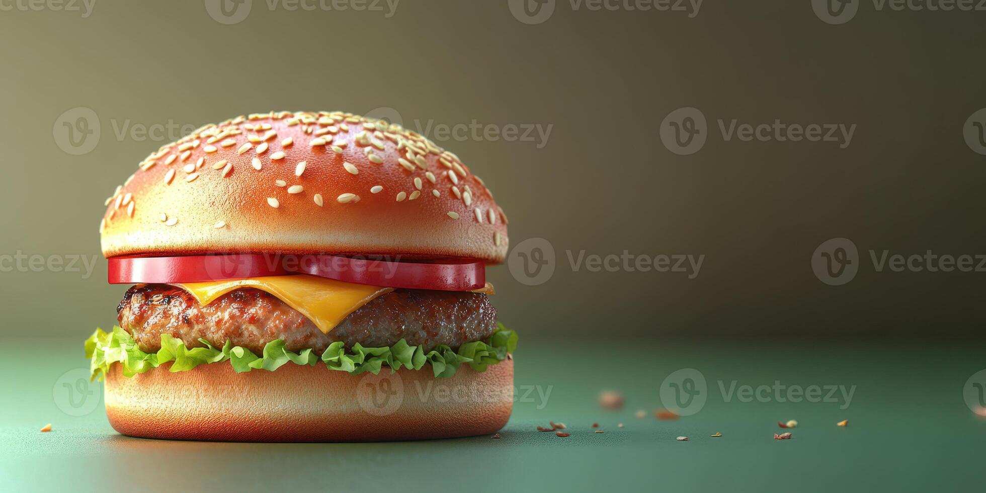 Juicy cheeseburger with fresh vegetables served on a sesame seed bun against a minimalist background photo