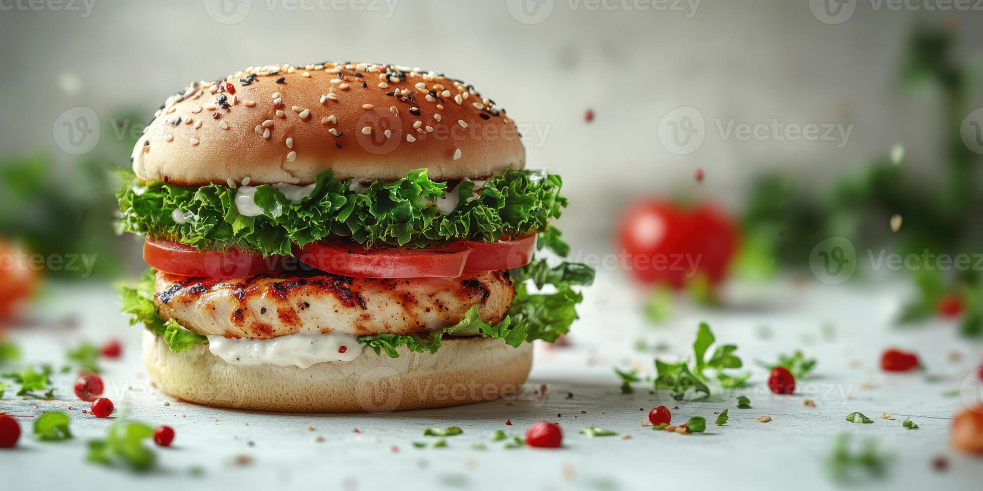 Juicy grilled chicken burger with fresh lettuce, tomatoes, and sesame seed bun surrounded by herbs and vegetables photo