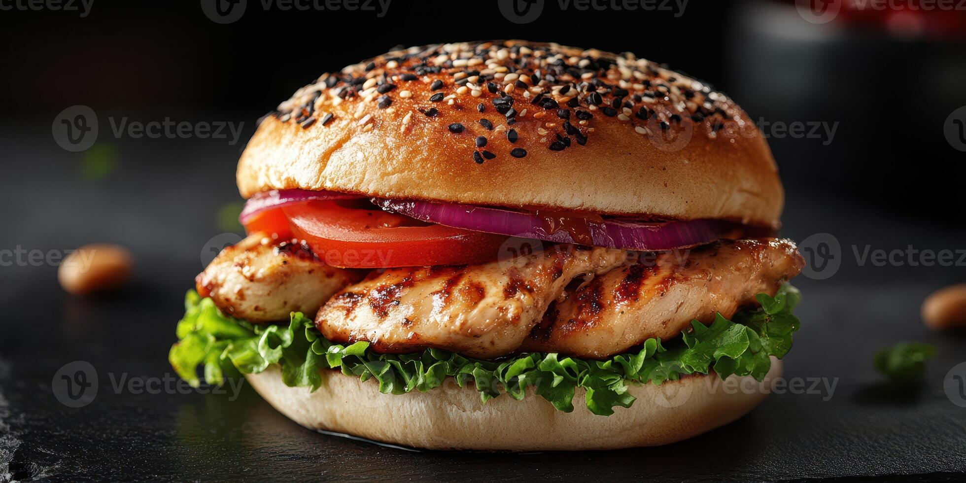 Delicious grilled chicken burger with fresh vegetables and sesame seed bun on dark background photo