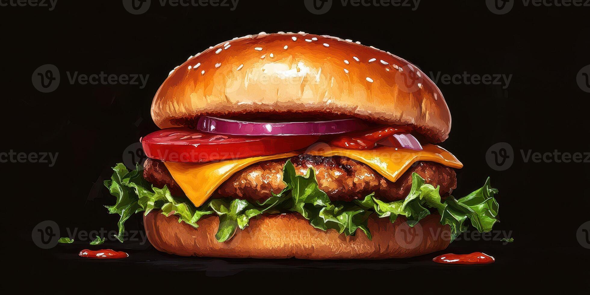 Mouthwatering burger with fresh ingredients served on a sesame seed bun ready to satisfy hunger in a cozy restaurant photo