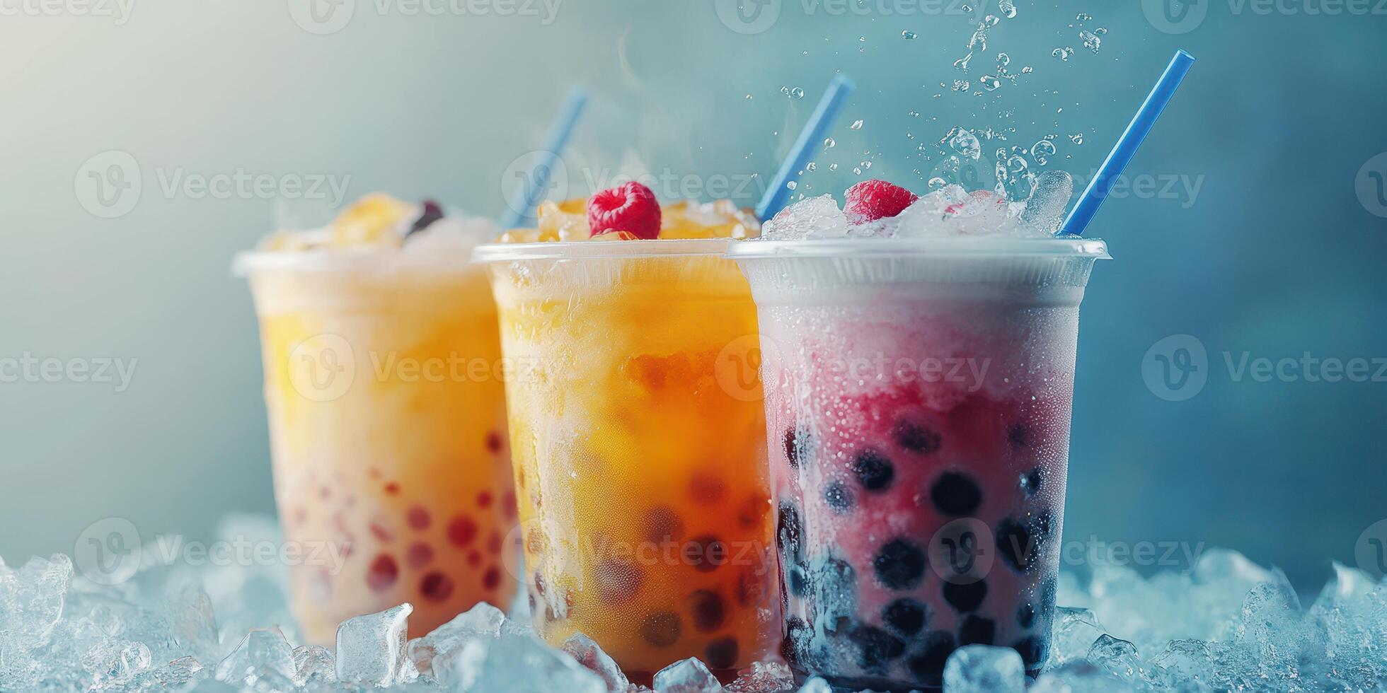Refreshing bubble tea drinks displayed on ice with vibrant colors and flavors in a lively setting photo