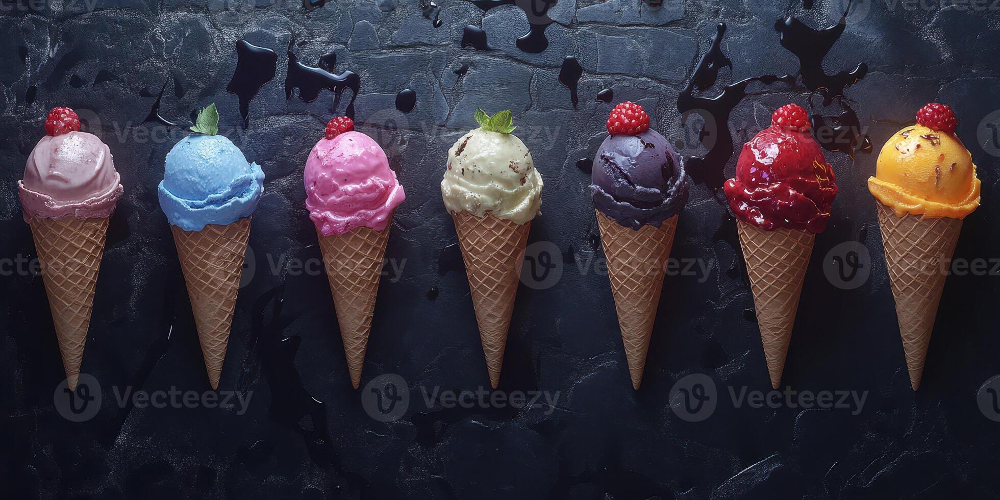 Colorful ice cream cones arranged on a dark surface in a delightful display of flavors and textures photo