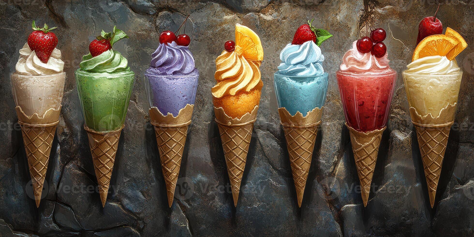 Colorful ice cream cones arranged in a row display flavors topped with fruits on a textured background photo