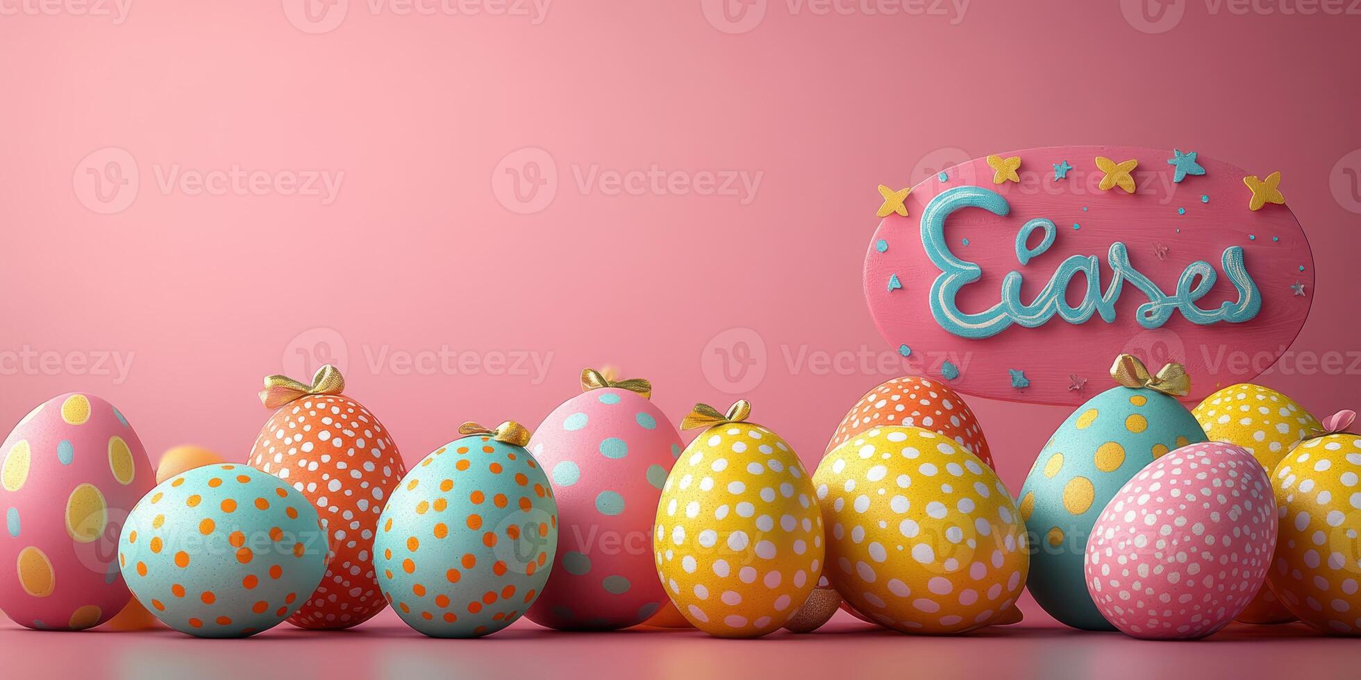 Colorful Easter eggs arranged along a pastel backdrop with a festive sign displaying a greeting photo