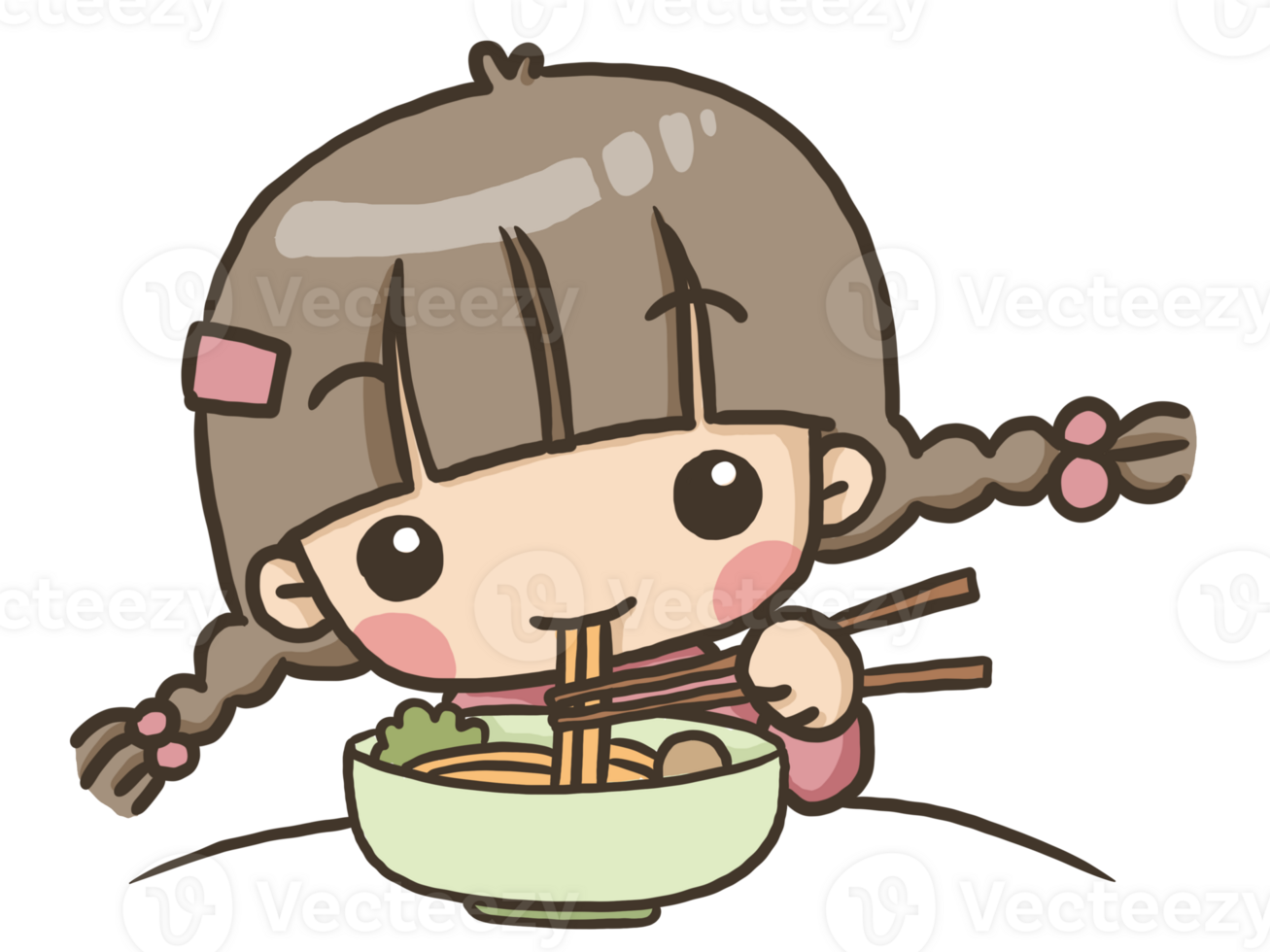 A cartoon girl eating noodles with chopsticks png