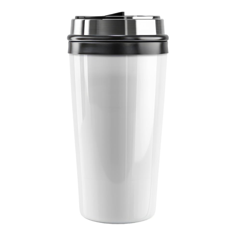 A white disposable cup with black lid on a transparent background png