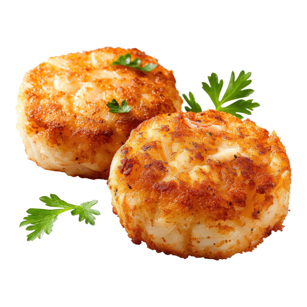 Two crab cakes with parsley on a transparent background png