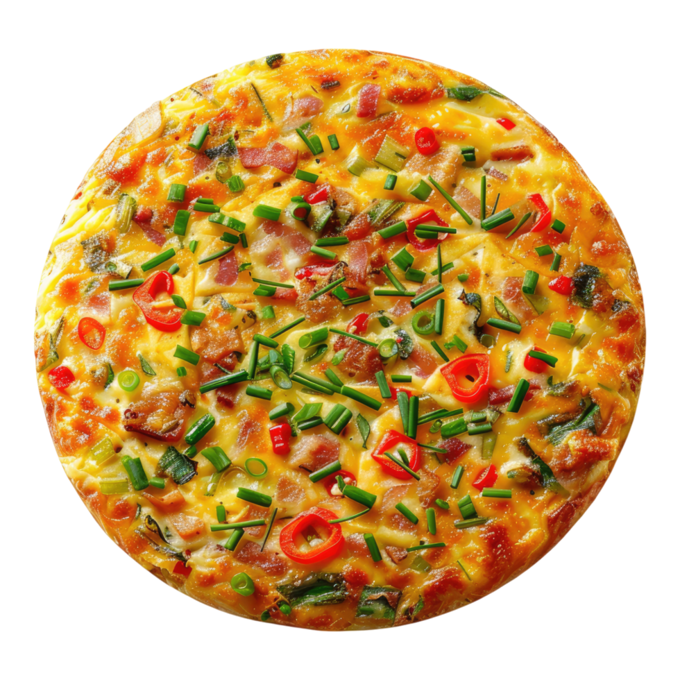 A pizza with green peppers and cheese on a transparent background png