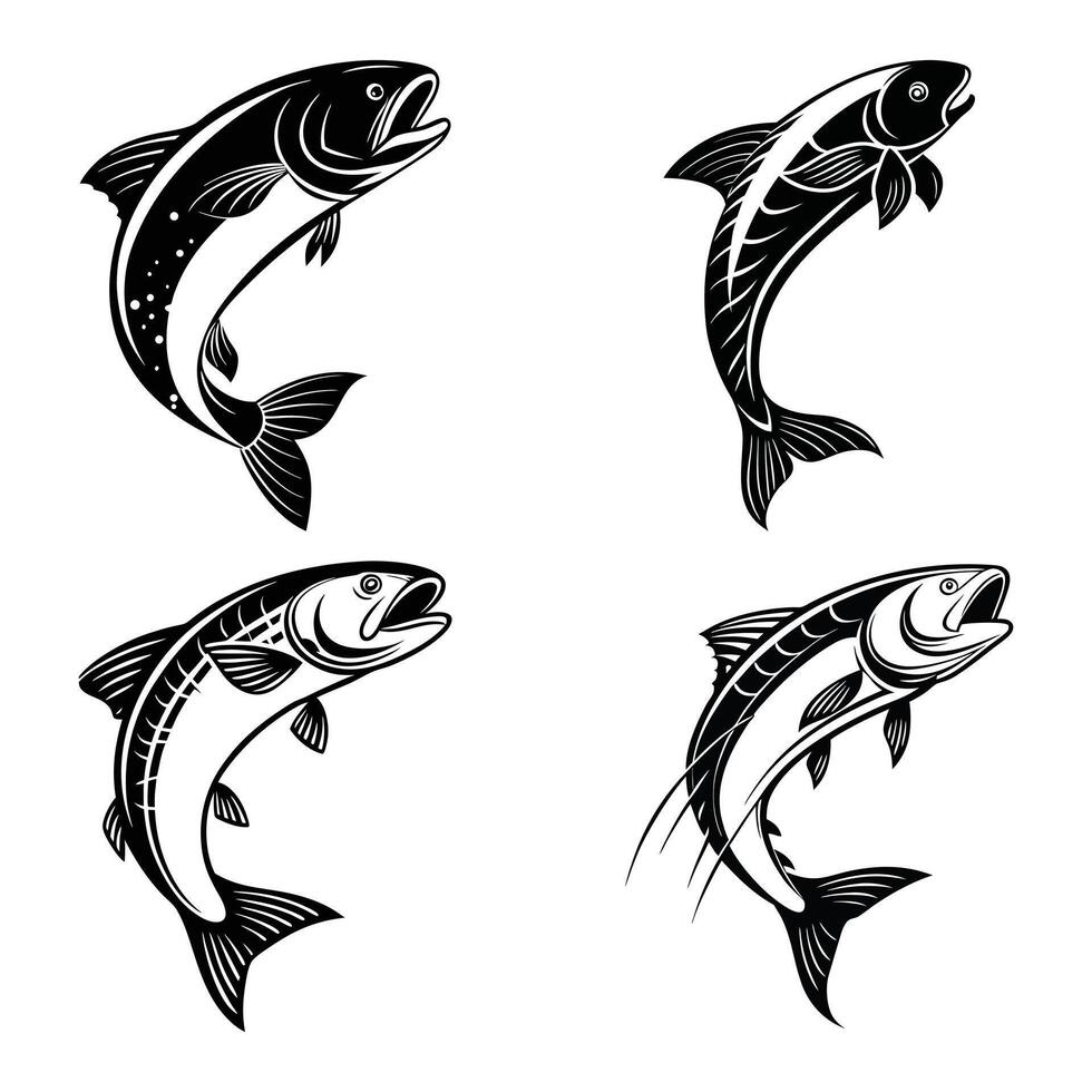 Elegant fish jumping set in monochrome style on white background vector