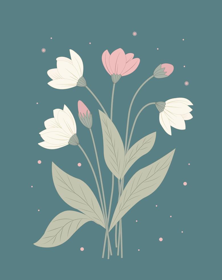 floral bouquet of white and pink crocuses for greeting card, wedding invitation, apology, love on a turquoise plain background. simple flat doodle illustration. vector