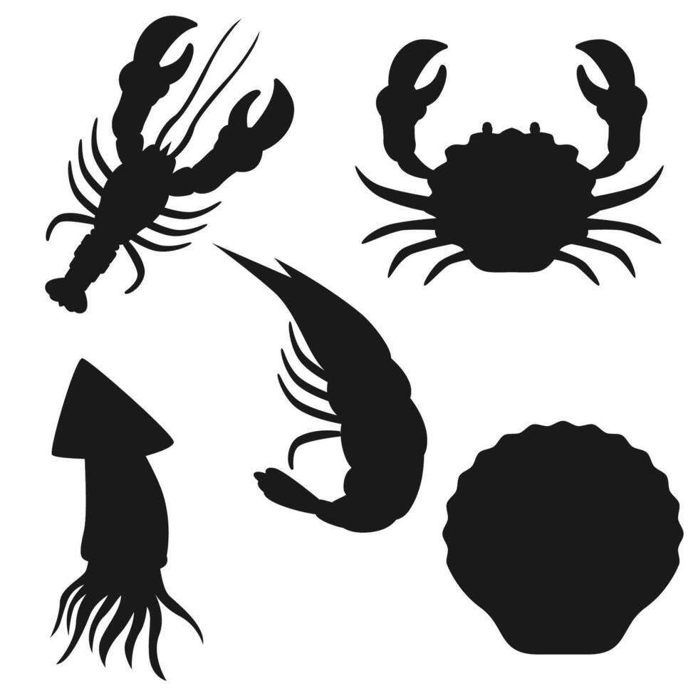 Seafood Silhouettes or Lobster, crab, shrimp, octopus, clam in a seafood display vector