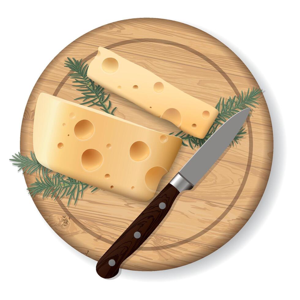 Swiss cheese, rosemary and knife on a wooden cutting board isolated top view graphic illustration have blank space. vector