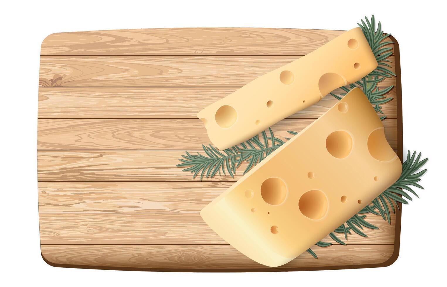 Swiss cheese and slices with rosemary decorated on a wooden cutting board top view on white background graphic illustration have blank space. vector