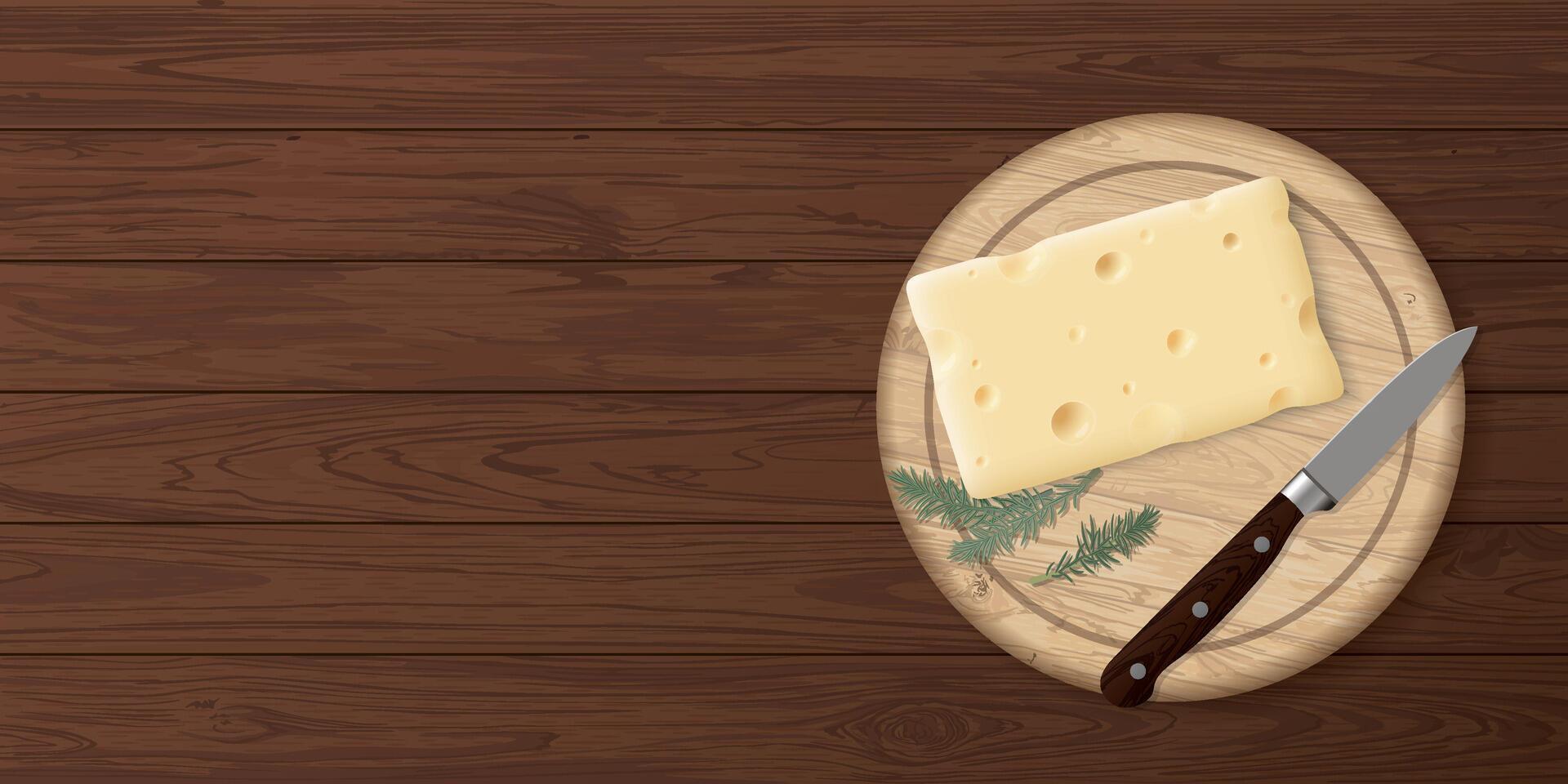 A piece of swiss cheese with knife on a cutting board placed on the wooden table top view graphic illustration have blank space. vector