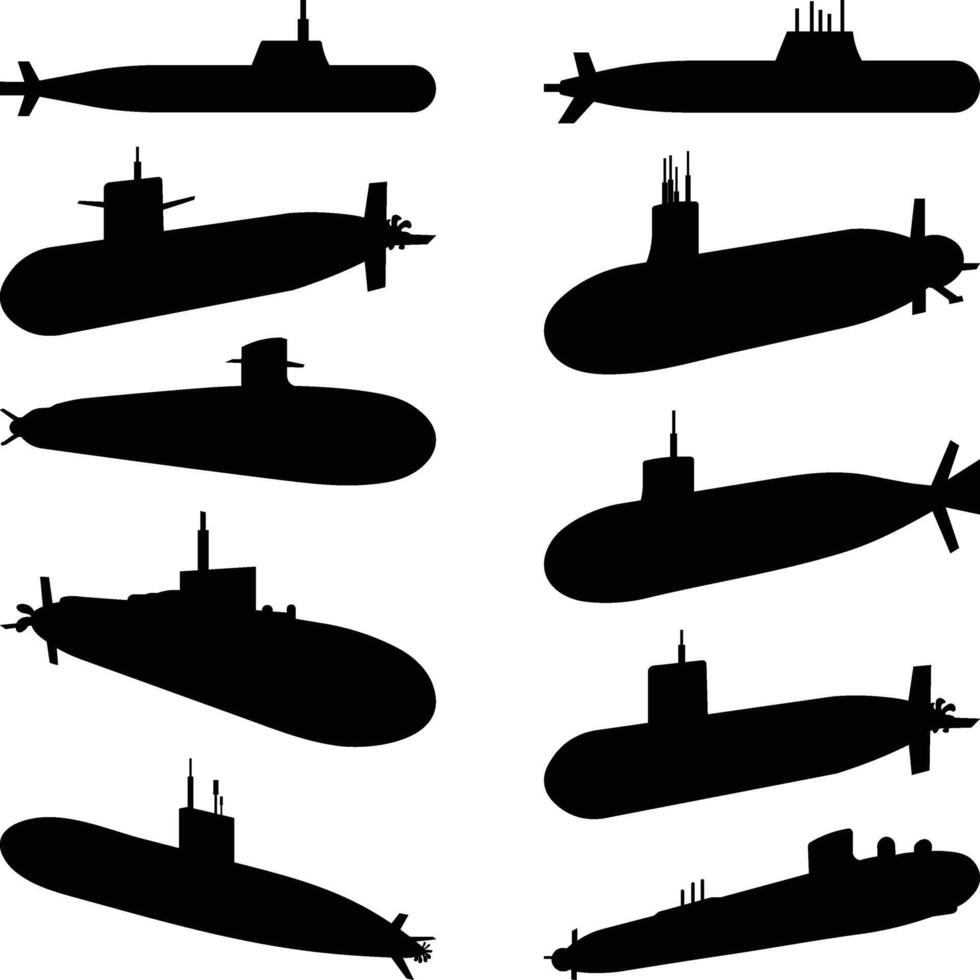 Set Submarine Silhouettes, Submarine Icons Set, Atom Submarine, Submarines Navy illustration vector
