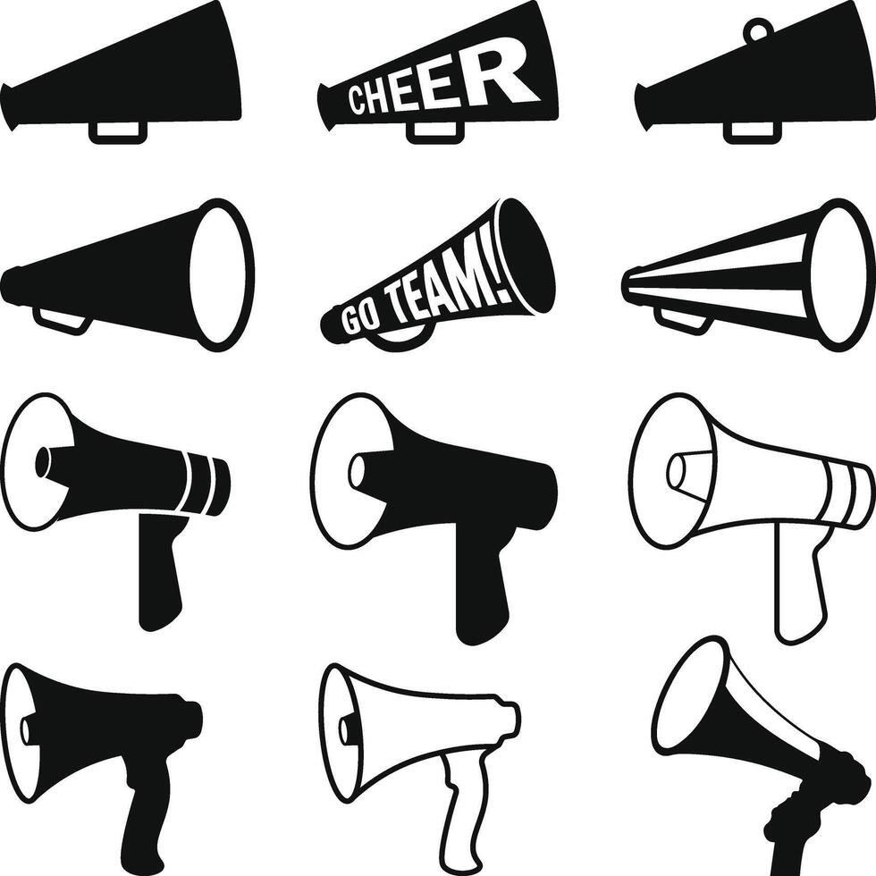 Cheer Horn Set Silhouette. Cheer Megaphone Icon. Cheerleading horn animated icon. Megaphone Bundle. vector