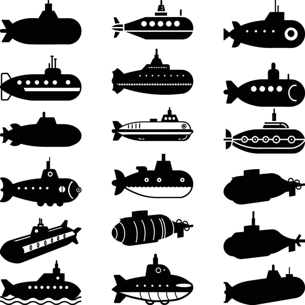 Set Submarine Silhouettes Icons, Atom Submarine, Submarines Navy illustration vector