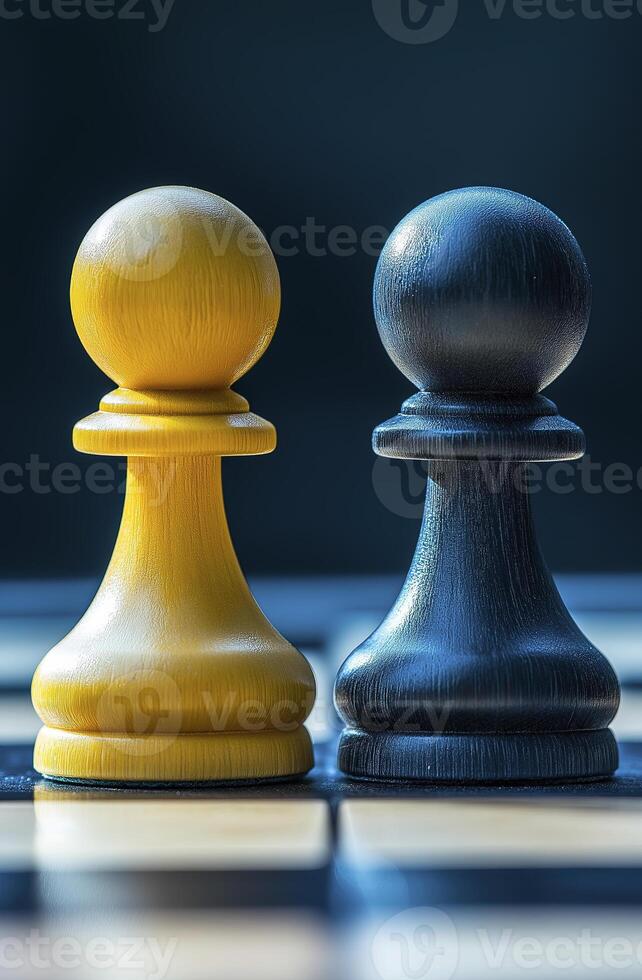 Two chess pawns, one yellow and one black, face each other on board, symbolizing competition and strategy photo