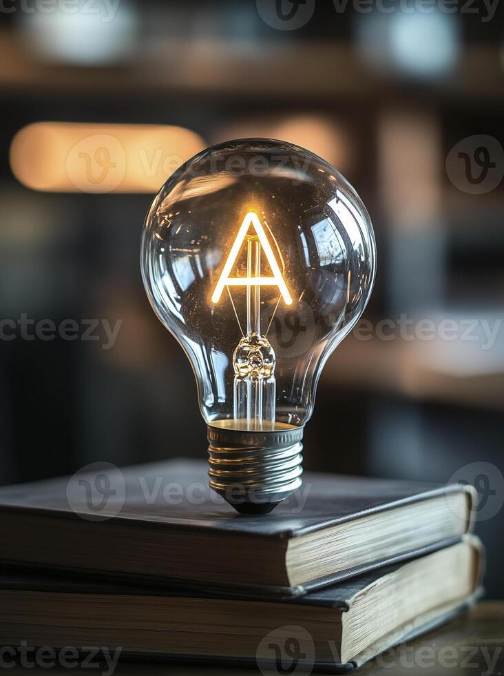 glowing light bulb with letter inside, resting on books, symbolizes creativity and inspiration photo