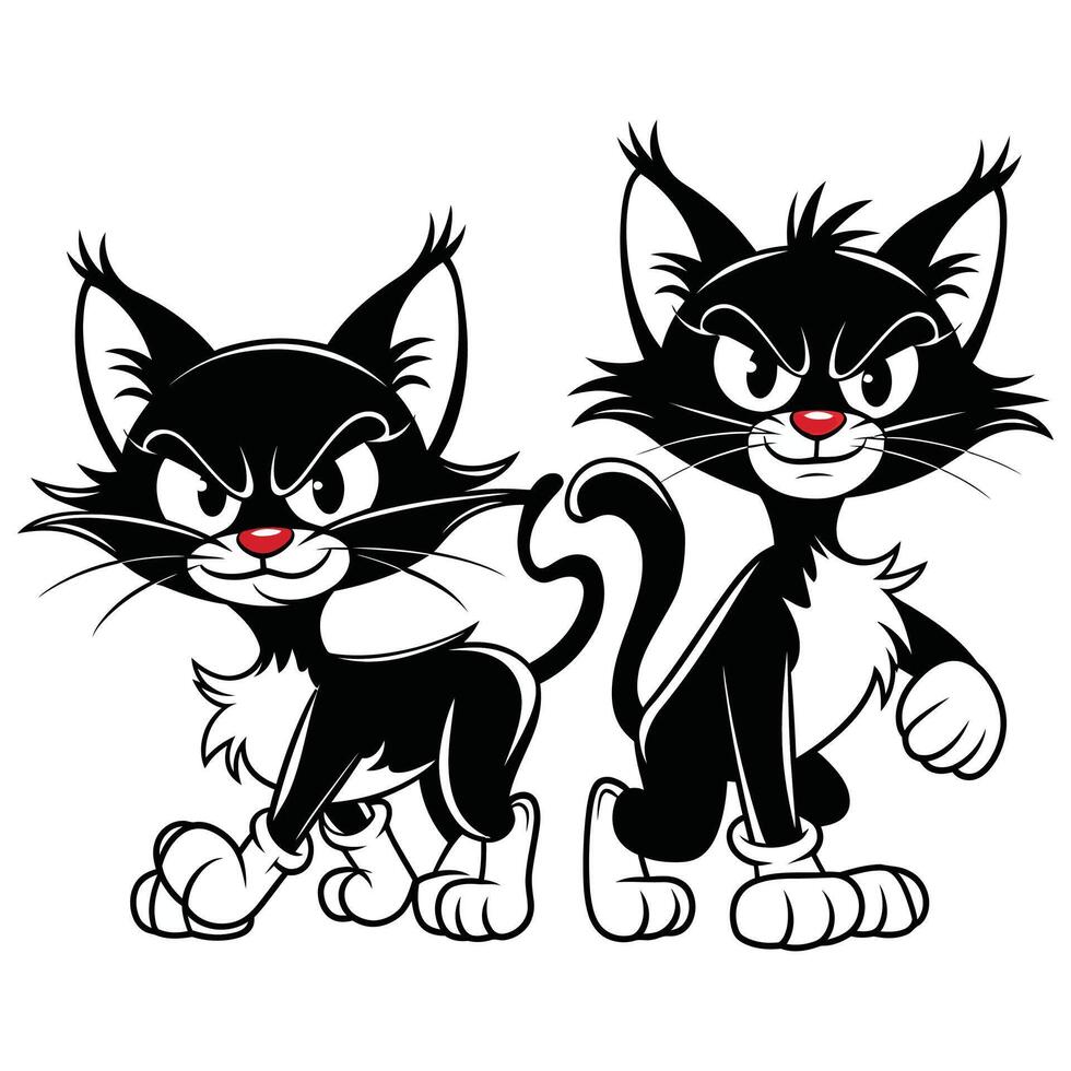 Two black and white cartoon cats with red nose. vector