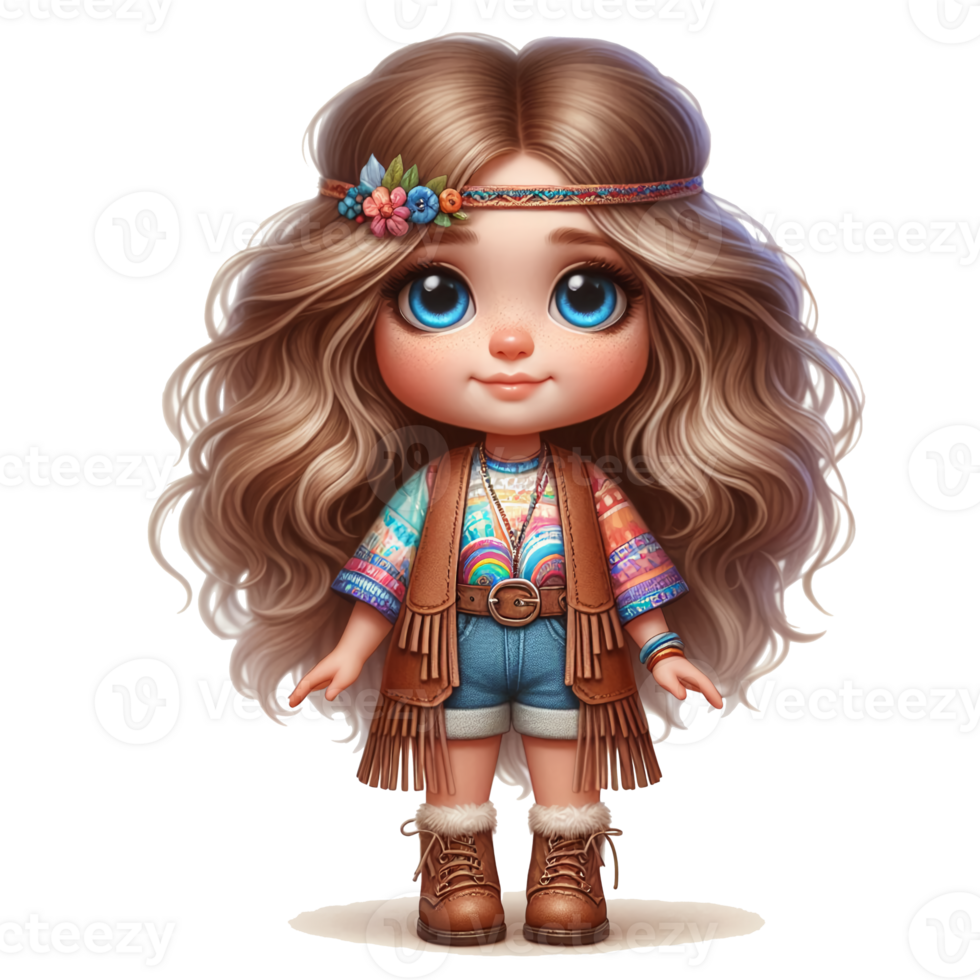 A cartoon doll with long hair and a flower in her hair png