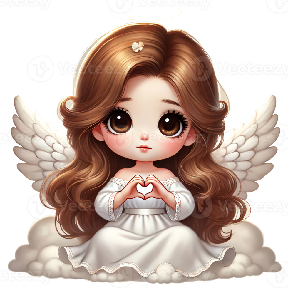An angel with big eyes and a heart png