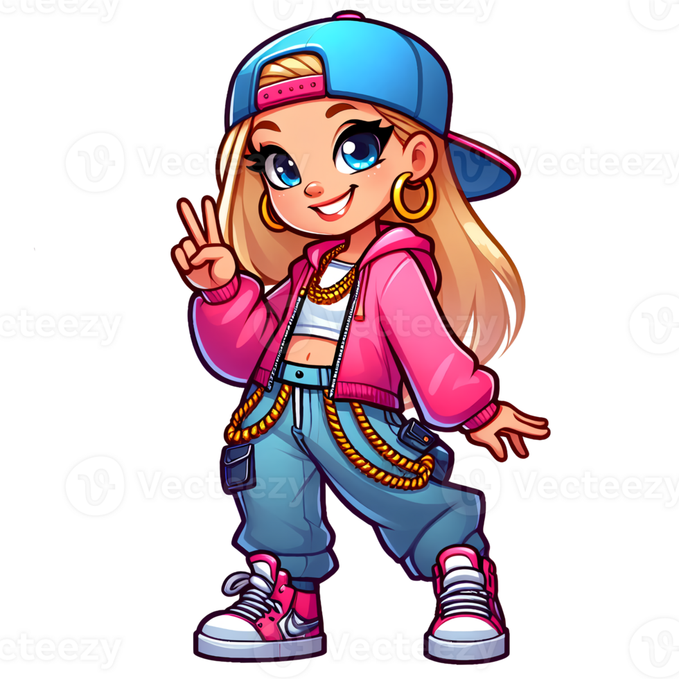 Cartoon hip hop girl. Clipart sticker. png