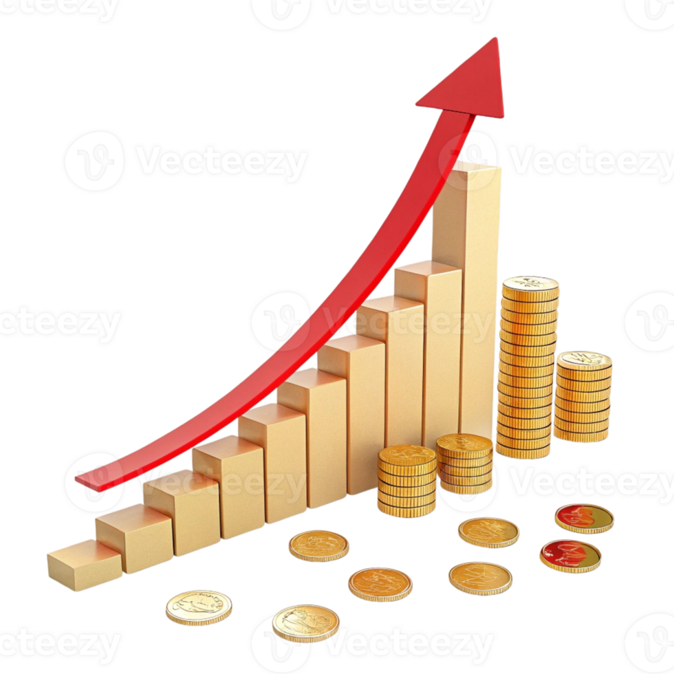 golden coins and a graph bar on a transparent background png