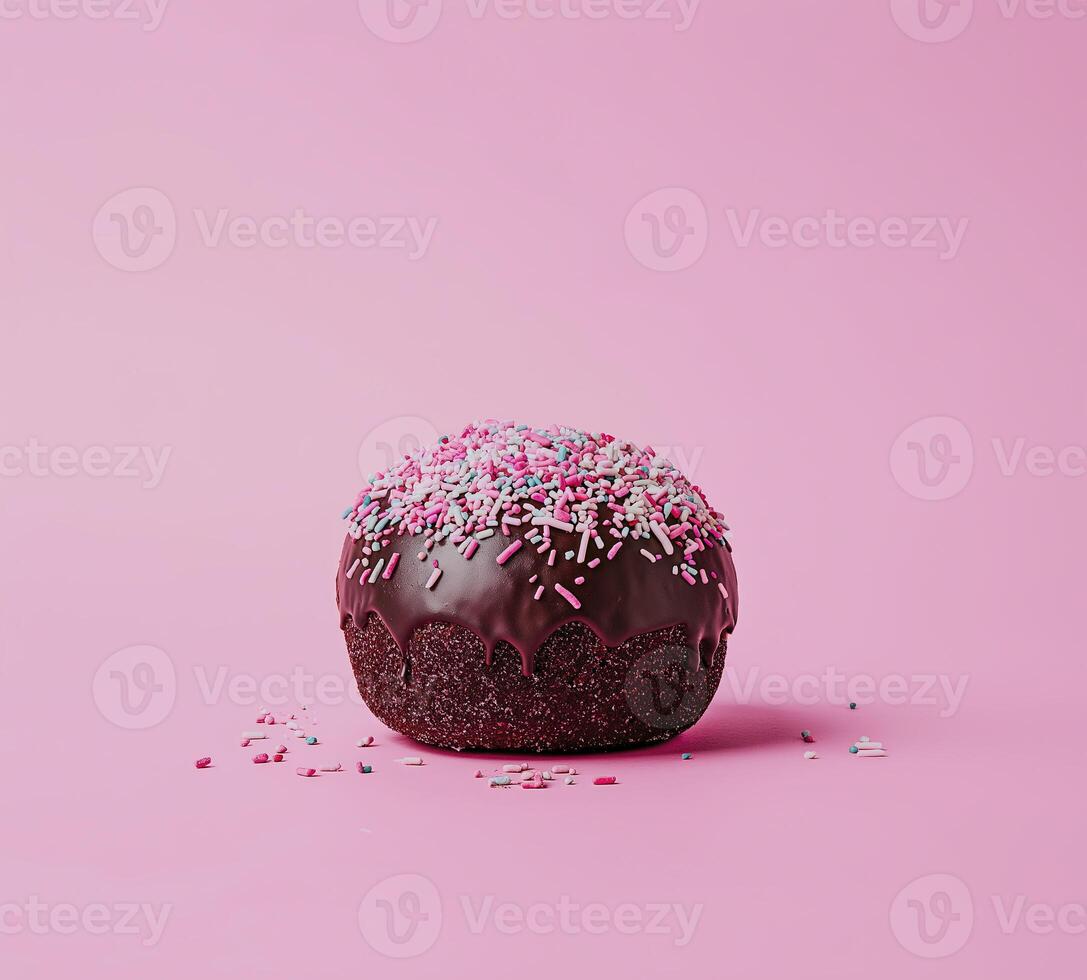Delicious chocolate doughnut topped with colorful sprinkles on pink background photo